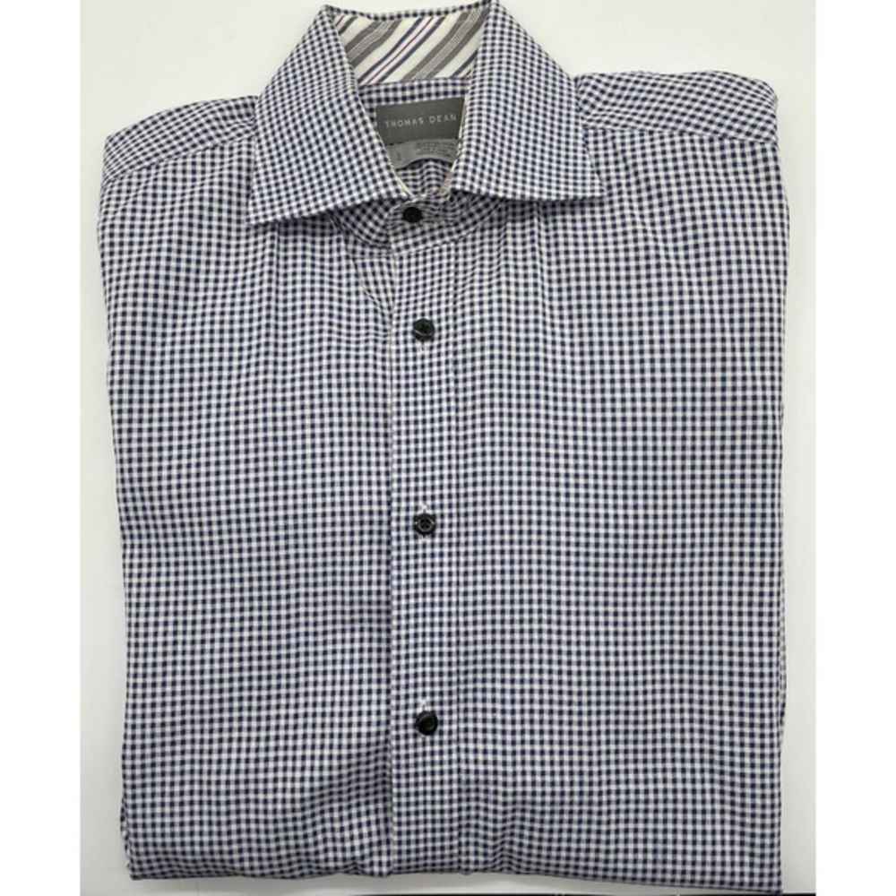 Mens Thomas Dean Long‎ Sleeve Blue Check Button Front Shirt Size L Flip Cuff. 66